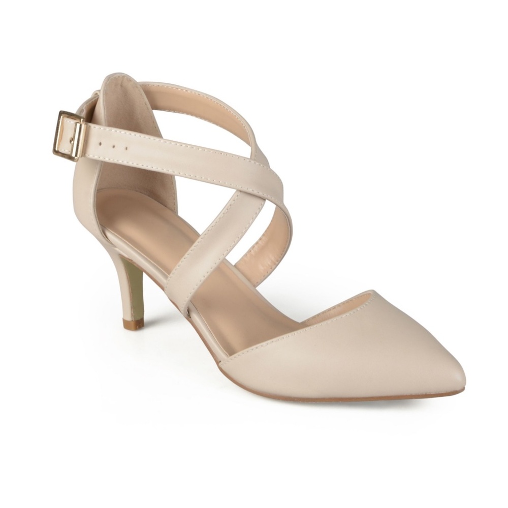 Journee Beige Padded Strappy Riva Pointy Toe Kitten Heel Buckle Pumps